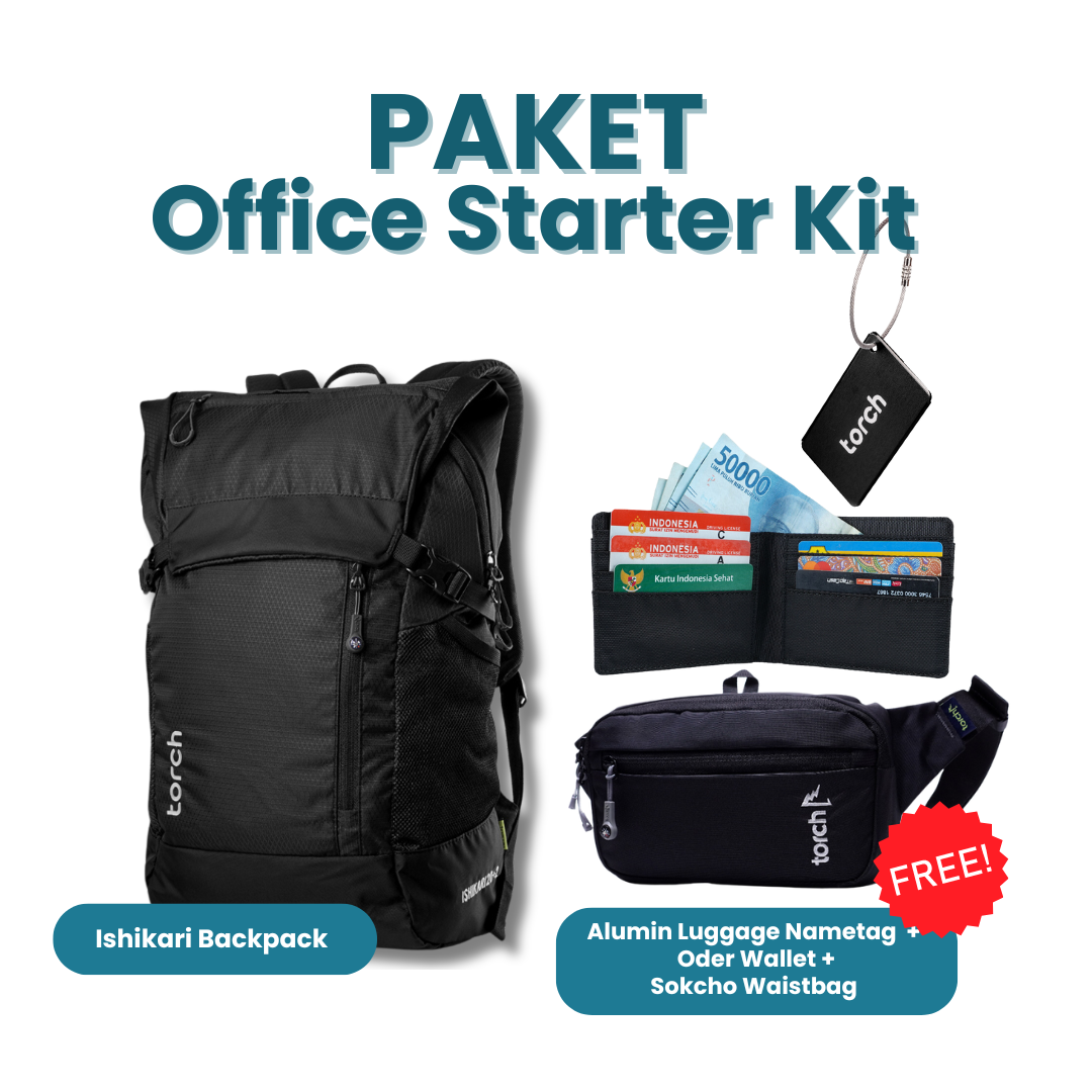 Paket Office Starter Kit - Ishikari Backpack Gratis Alumin Luggage Nametag Navy Blue  + Oder Wallet + Sokcho Waistbag