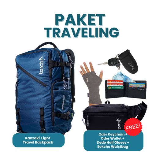 Paket Traveling - Kanzaki Light Travel Backpack Gratis Oder Keychain + Oder Wallet Black +  Dedo Half Gloves Beet Red + Sokcho Waistbag