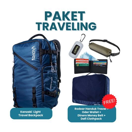 Paket Traveling - Kanzaki Light Travel Backpack Gratis Rodear Handuk Travel Black + Oder Wallet + Dinero Money Belt Black + Dafi Clothpack M