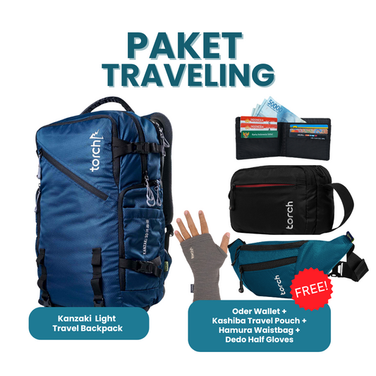 Paket Traveling - Kanzaki  Light  Travel Backpack Gratis Oder Wallet + Kashiba Travel Pouch + Hamura Waistbag Black + Dedo Half Gloves Beet Red