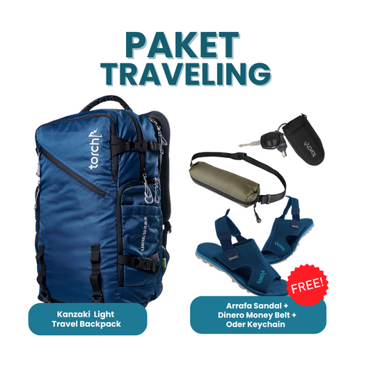 Paket Traveling - Kanzaki  Light Travel Backpack Gratis Arrafa Sandal + Dinero Money Belt Black + Oder Keychain Navy