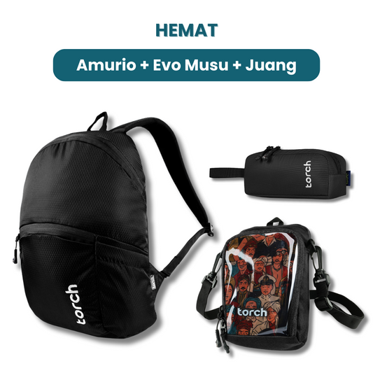 Dalam paket ini kamu akan mendapatkan:  - Amurio Backpack  - Evo Musu Stationary  - Juang Travel Pouch