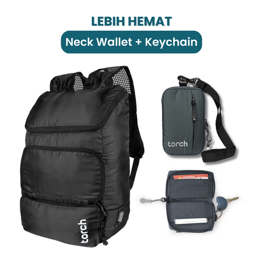 Paket Hemat - Rampak Foldable Backpack + Neck Wallet & Keychain