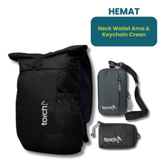 Hemat - Shiroi Foldable Backpack + Neck Wallet & Keychain