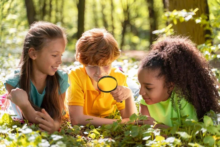 3 orang anak sedang mengamati tumbuhan di hutan, image source: https://img.freepik.com/free-photo/kids-exploring-together-nature_23-2149002874.jpg?t=st=1719160910~exp=1719164510~hmac=f5390b110be8a5378c8b60f7bfbe46bfbdb5e4fcf7a2349fda5e5f5ef6a06eed&w=740