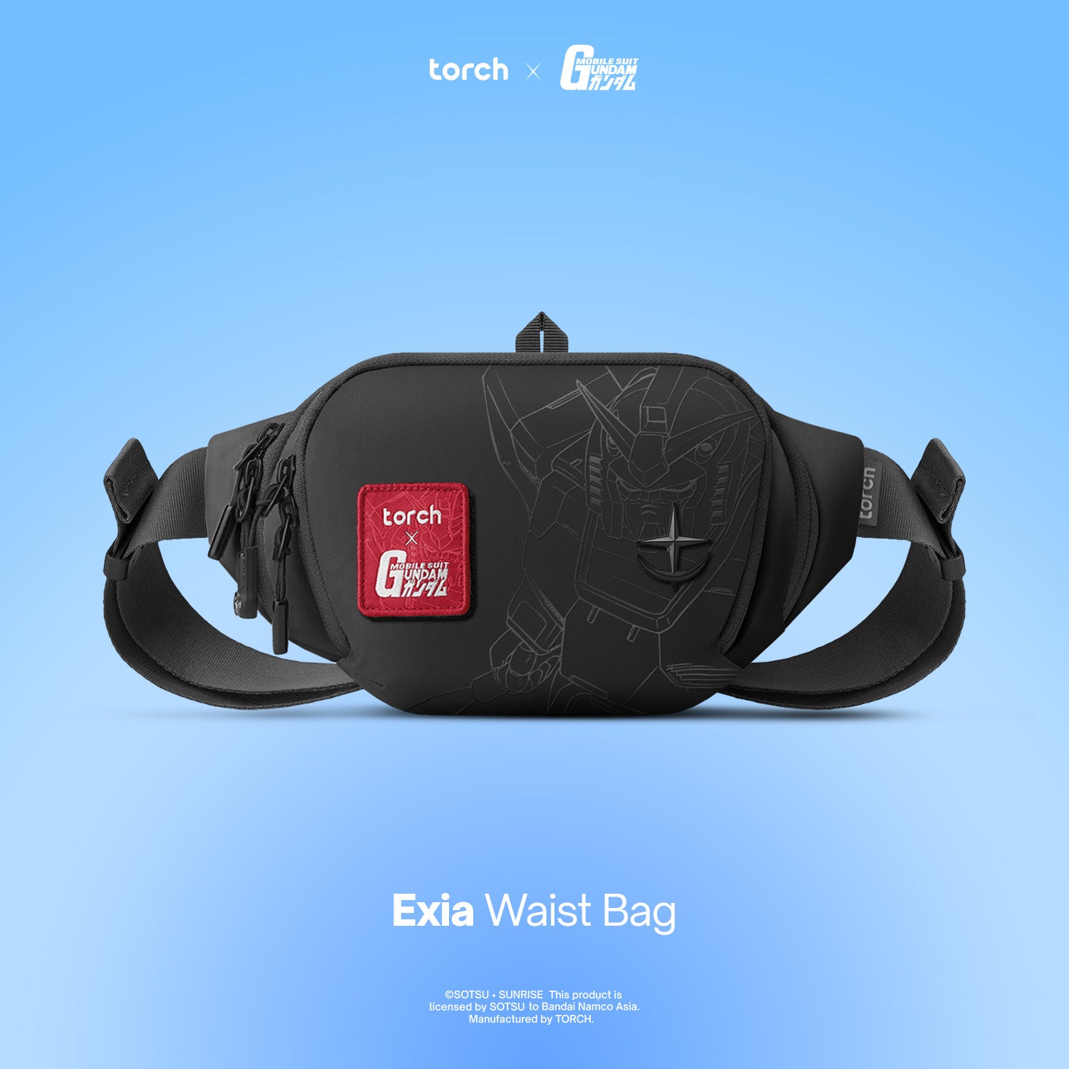 Black waist bag with 'torch' and 'Gundam' logos on a blue background