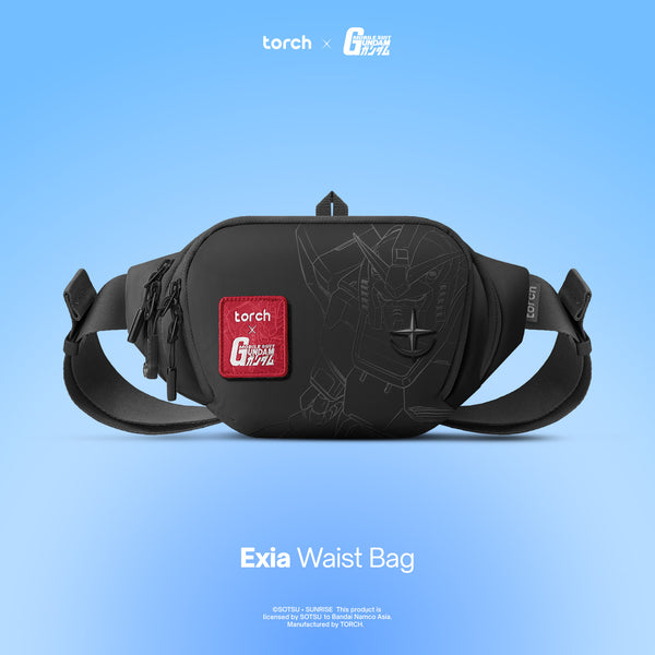 Black waist bag with 'torch' and 'Gundam' logos on a blue background