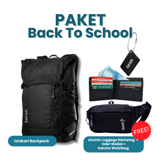 Paket Back To School - Ishikari Backpack Gratis Alumin Luggage Nametag Navy Blue  + Oder Wallet + Sokcho Waistbag