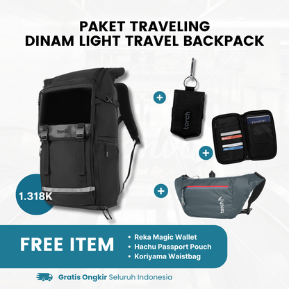 Paket Traveling - Dinam Light Travel Backpack Gratis Koriyama Waistbag + Reka Magic Wallet Black + Hachu Passport Pouch