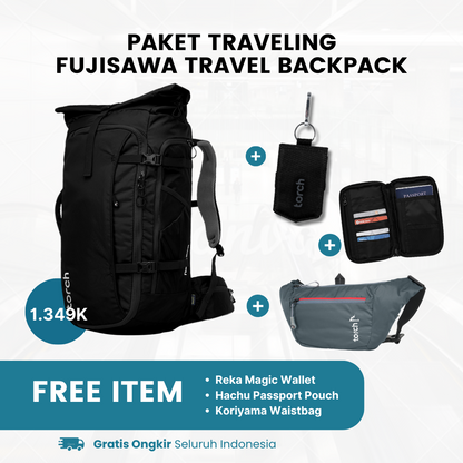 Paket Traveling - Fujisawa Travel Backpack Gratis Koriyama Waistbag + Reka Magic Wallet Black + Hachu Passport Pouch