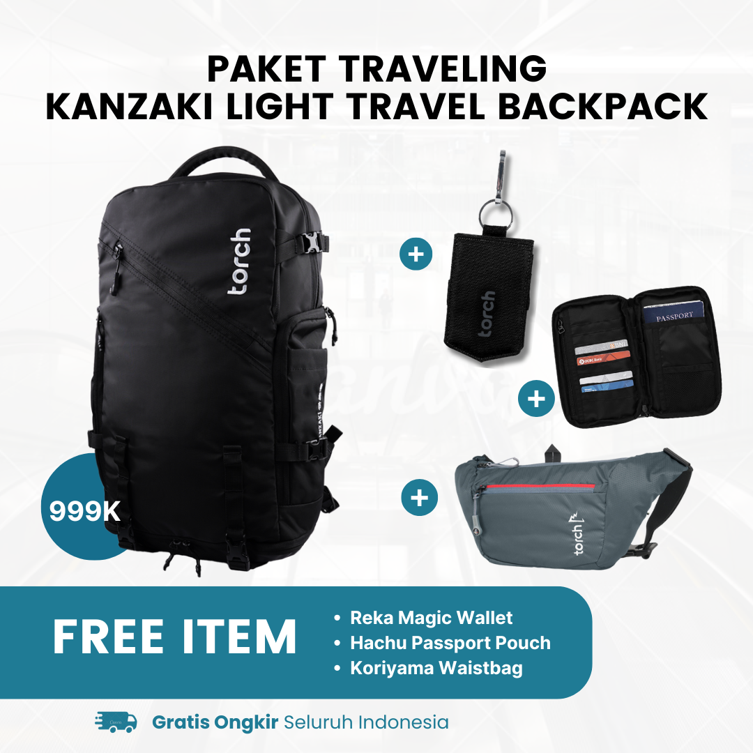 Paket Traveling - Kanzaki Travel Backpack Gratis Koriyama Waistbag + Reka Magic Wallet Black + Hachu Passport Pouch