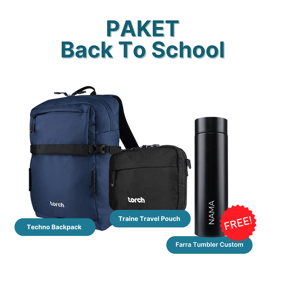 Paket Back To School - Techno Backpack + Traine Travel Pouch Gratis Farra Tumbler Custom