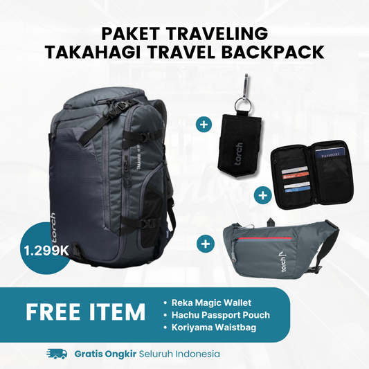 Paket Traveling - Takahagi Travel Backpack Gratis Koriyama Waistbag + Reka Magic Wallet Black + Hachu Passport Pouch