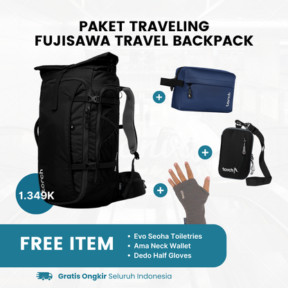 Paket Traveling - Fujisawa Travel Backpack Gratis Evo Seoha Toiletries + Ama Neck Wallet + Dedo Half Gloves Grey