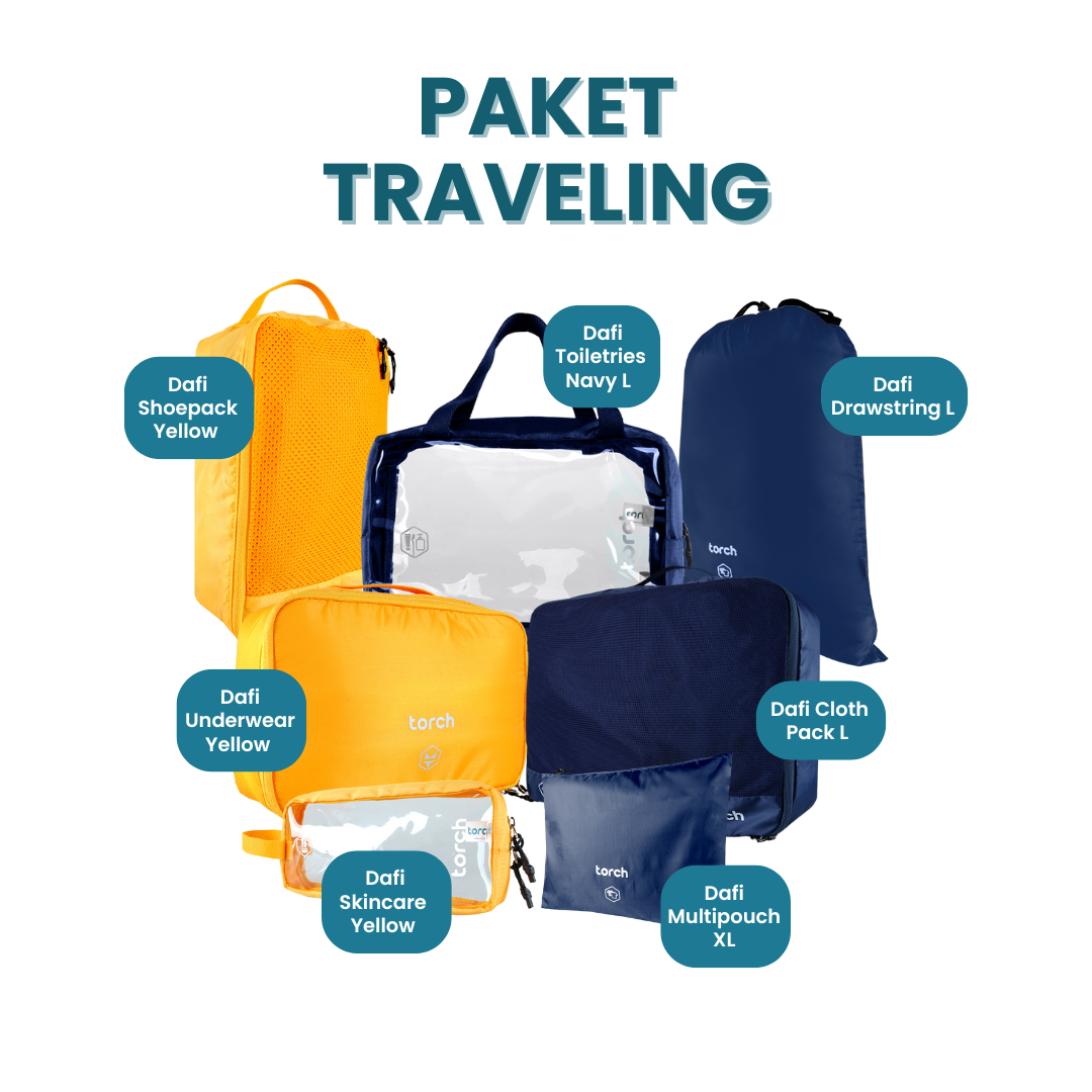 Paket Traveling - Dafi Cloth Pack L + Dafi Toiletries L Navy + Dafi Underwear Yellow  + Dafi Shoepack Yellow + Dafi Skincare Yellow + Dafi Drawstring L + Dafi Multipouch XL