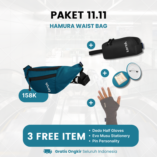 Paket 11.11 - Hamura Waistbag Gratis Dedo Half Gloves Grey + Evo Musu Stationery Black + Pin Personality