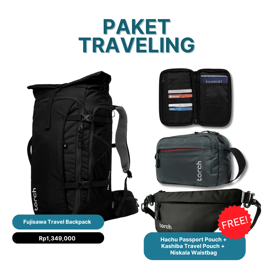 Paket Traveling - Fujisawa Travel Backpack Gratis Kashiba Travel Pouch + Niskala Waistbag + Hachu Passport Pouch Black