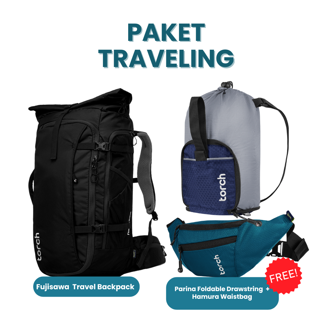 Paket Traveling - Fujisawa Travel Backpack Gratis Hamura Waistbag + Parina Foldable Drawstring Pouch