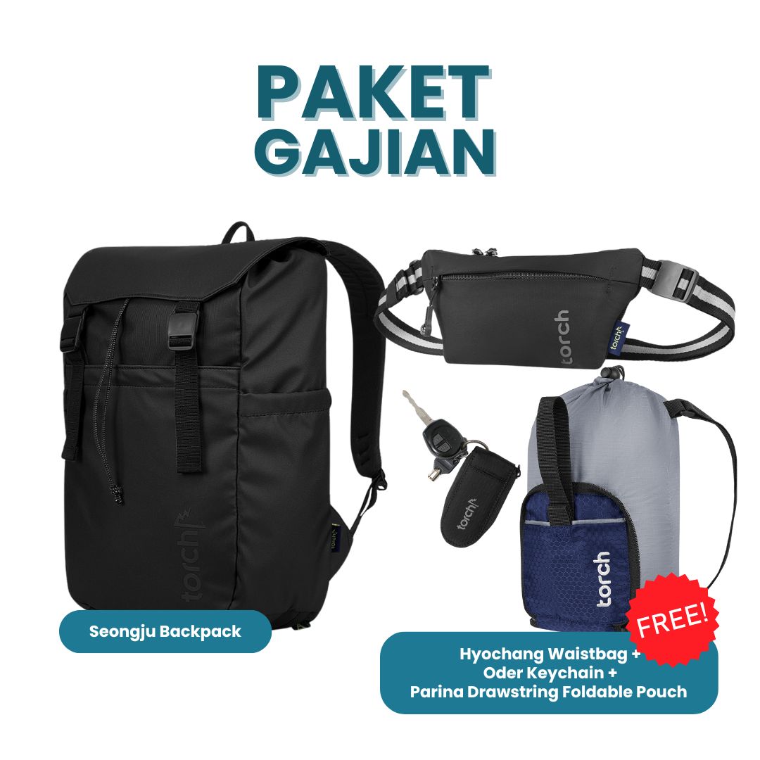 Paket Gajian - Seongju Backpack Gratis Hyochang Waistbag + Oder Keychain Black + Parina Drawstring Foldable Pouch