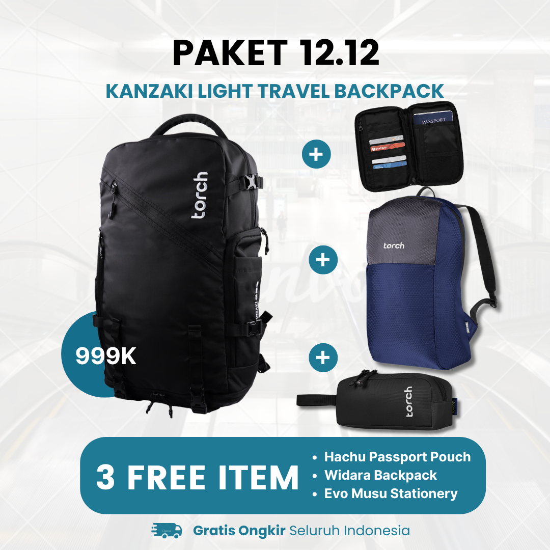 Paket 12.12 - Kanzaki Light Travel Backpack Gratis Widara Backpack + Hachu Passport Pouch Black + Evo Musu Stationery