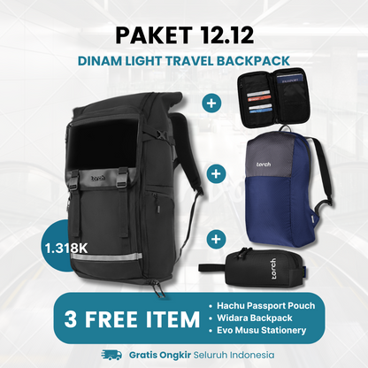 Paket 12.12 - Dinam Light Travel Backpack Gratis Widara Backpack + Hachu Passport Pouch Black + Evo Musu Stationery