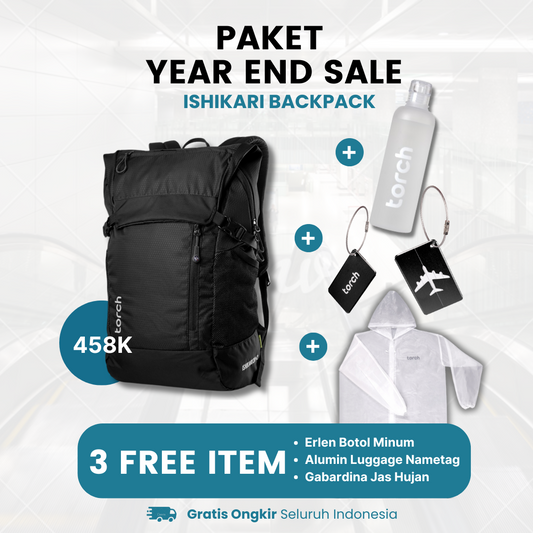 Paket Year End Sale - Ishikari Backpack Gratis Erlen Botol Minum + Alumin Luggage Nametag + Gabardina Jas Hujan