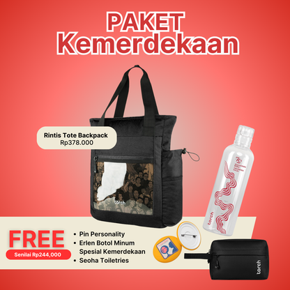 Paket Kemerdekaan - Rintis Tote Backpack Gratis Evo Seoha Toiletries Black + Erlen Botol Minum Spesial Kemerdekaan + Pin Personality