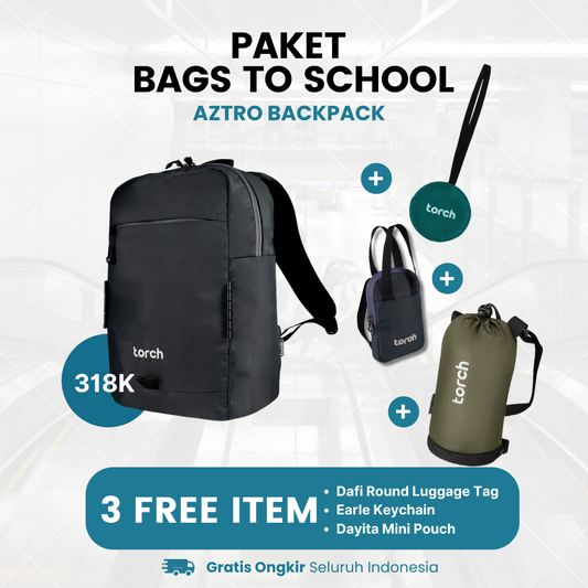 Paket Bags To School - Aztro Backpack Gratis Dayita Mini Pouch + Earle Keychain + Dafi Round Luggage Tag Tosca