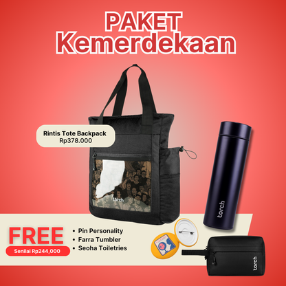 Paket Kemerdekaan - Rintis Tote Backpack Gratis Evo Seoha Toiletries Black +Farra Tumbler + Pin Personality