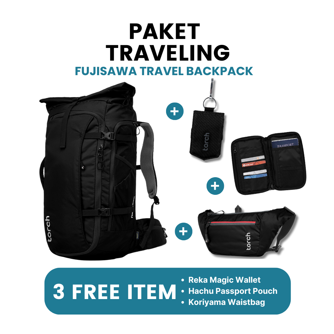 Paket Traveling - Fujisawa Travel Backpack Gratis Koriyama Waistbag + Reka Magic Wallet Black + Hachu Passport Pouch