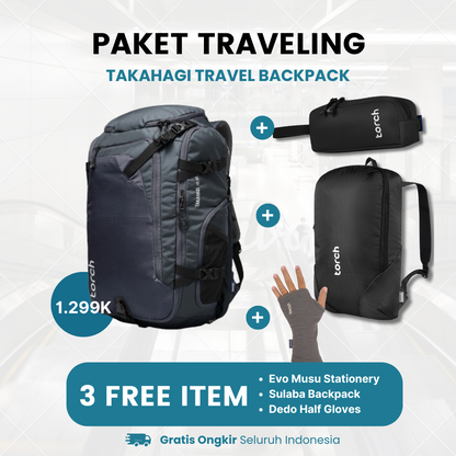 Paket Traveling - Takahagi Travel Backpack Gratis Sulaba Backpack + Dedo Half Gloves Grey+ Evo Musu Stationery