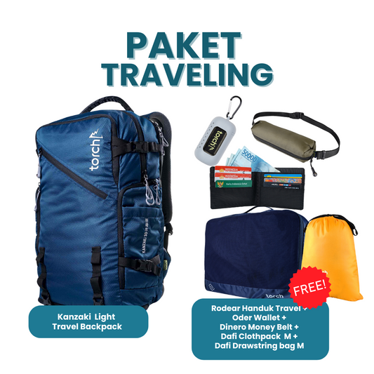 Paket Traveling - Kanzaki Light Travel Backpack Gratis Rodear Handuk Travel Black + Oder Wallet Black + Dinero Money Belt Black + Dafi Clothpack  M + Dafi Drawstring bag M