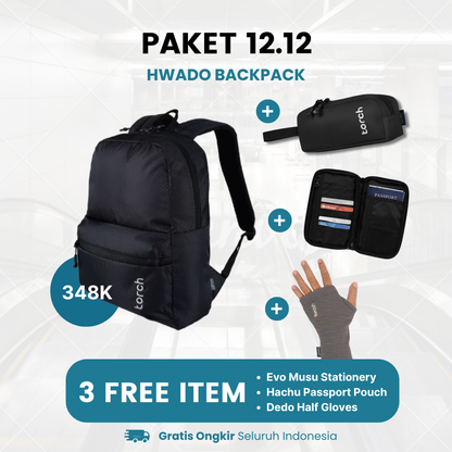 Paket 12.12 - Hwado Backpack Gratis Hachu Passport Pouch Black + Evo Musu Stationery Grey + Dedo Half Gloves