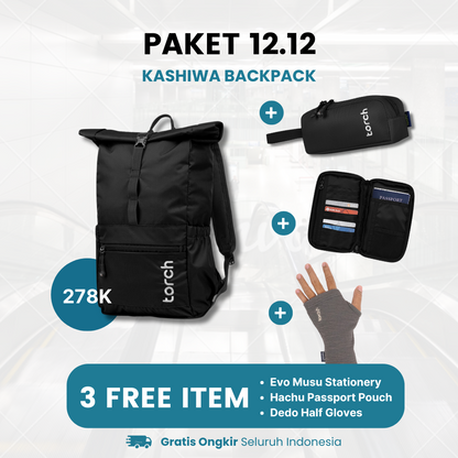 Paket 12.12 - Kashiwa Foldable Backpack Gratis Hachu Passport Pouch Black + Evo Musu Stationery Grey + Dedo Half Gloves