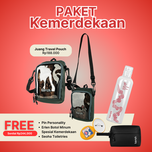 Paket Kemerdekaan - Juang Travel Pouch Gratis Evo Seoha Toiletries Black + Erlen Botol Minum Spesial Kemerdekaan + Pin Personality