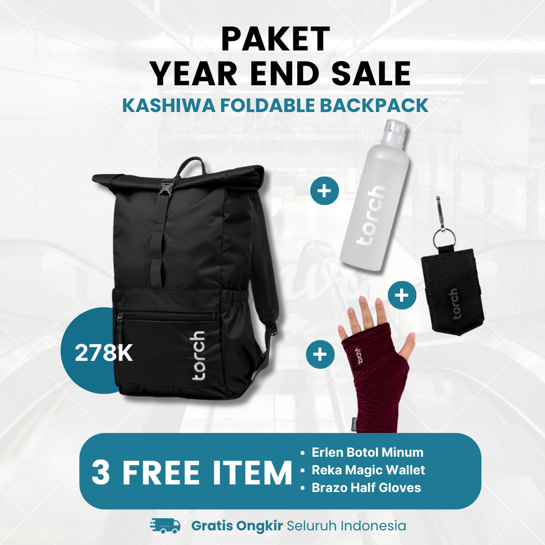 Paket Year End Sale - Kashiwa Foldable Backpack Gratis Erlen Botol Minum + Reka Magic Wallet + Brazo Half Gloves Grey