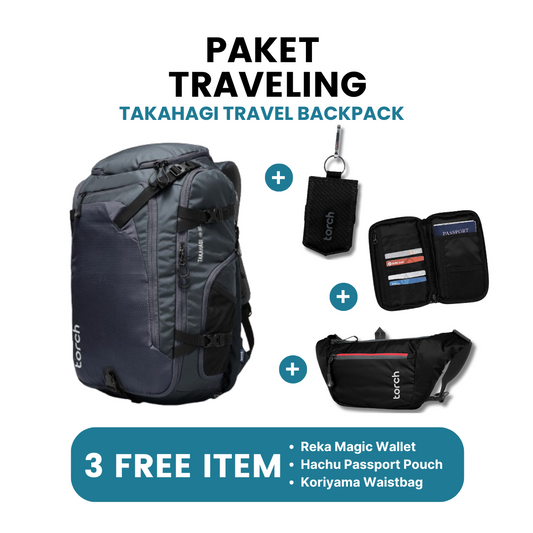 Paket Traveling - Takahagi Travel Backpack Gratis Koriyama Waistbag + Reka Magic Wallet Black + Hachu Passport Pouch