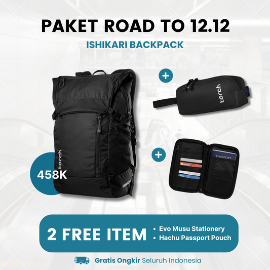 Paket Road To 12.12 - Ishikari Backpack Gratis Evo Musu Stationery + Hachu Passport Pouch Black