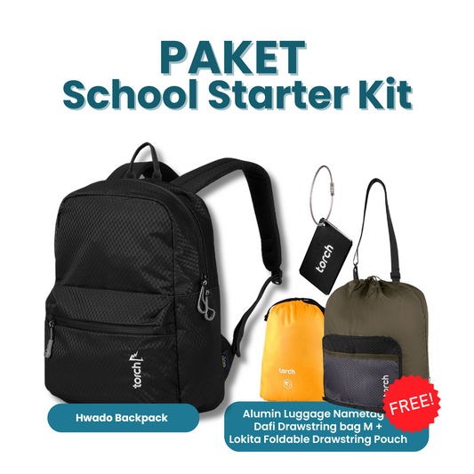 Paket School Starter Kit - Hwado Backpack Gratis Alumin Luggage Nametag Navy Blue + Dafi Drawstring bag M + Lokita Foldable Drawstring Pouch