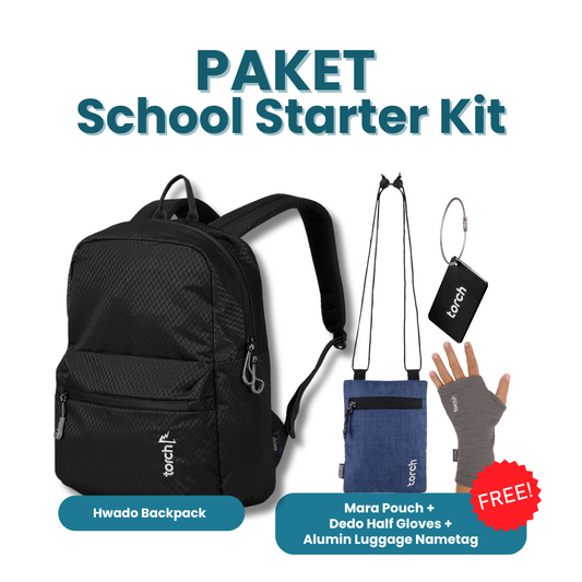 Paket School Starter Kit - Hwado Backpack Gratis Mara Pouch +  Dedo Half Gloves + Alumin Luggage Nametag Navy Blue