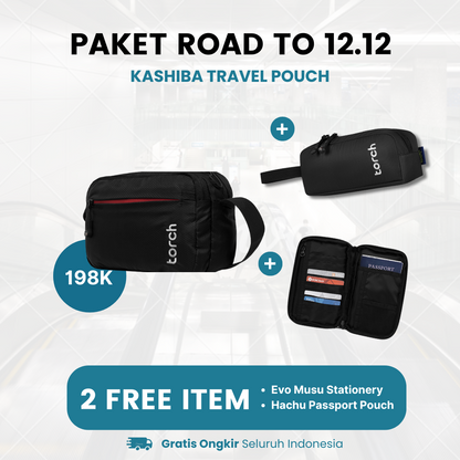 Paket Road To 12.12 - Kashiba Travel Pouch Gratis Evo Musu Stationery + Hachu Passport Pouch Black