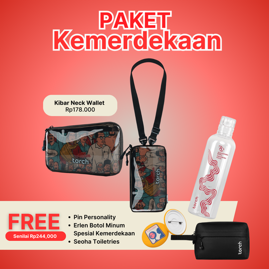 Paket Kemerdekaan - Kibar Neck Wallet Gratis Evo Seoha Toiletries Black + Erlen Botol Minum Spesial Kemerdekaan + Pin Personality