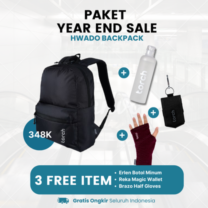 Paket Year End Sale - Hwado Backpack Gratis Erlen Botol Minum + Reka Magic Wallet + Brazo Half Gloves Grey