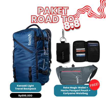 Paket Road To 8.8  - Kanzaki Light Travel Backpack Gratis Koriyama Waistbag + Hachu Passport Pouch + Reka Magic Wallet Black