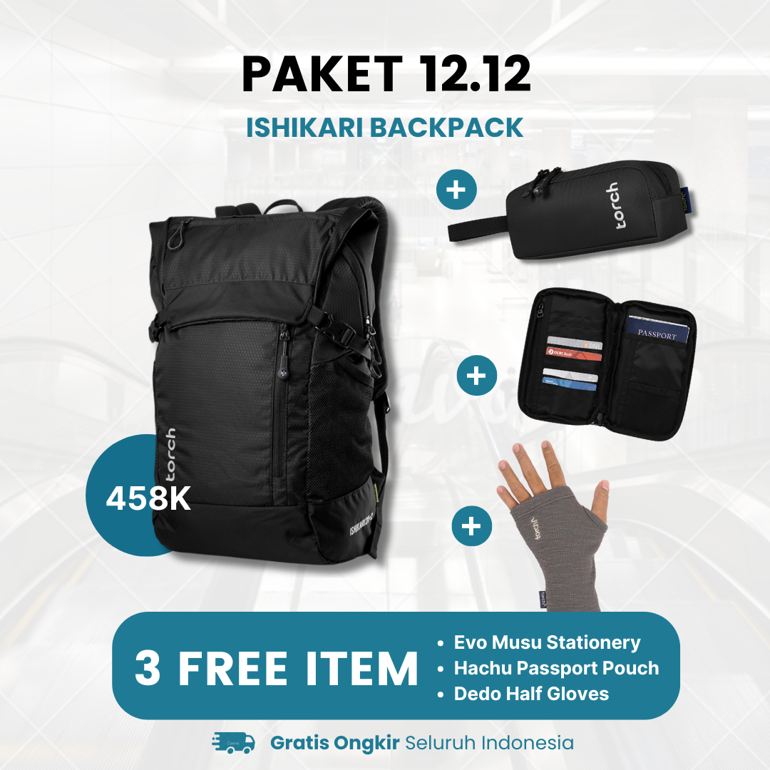 Paket 12.12 - Ishikari Backpack Gratis Hachu Passport Pouch Black + Evo Musu Stationery + Dedo Half Gloves