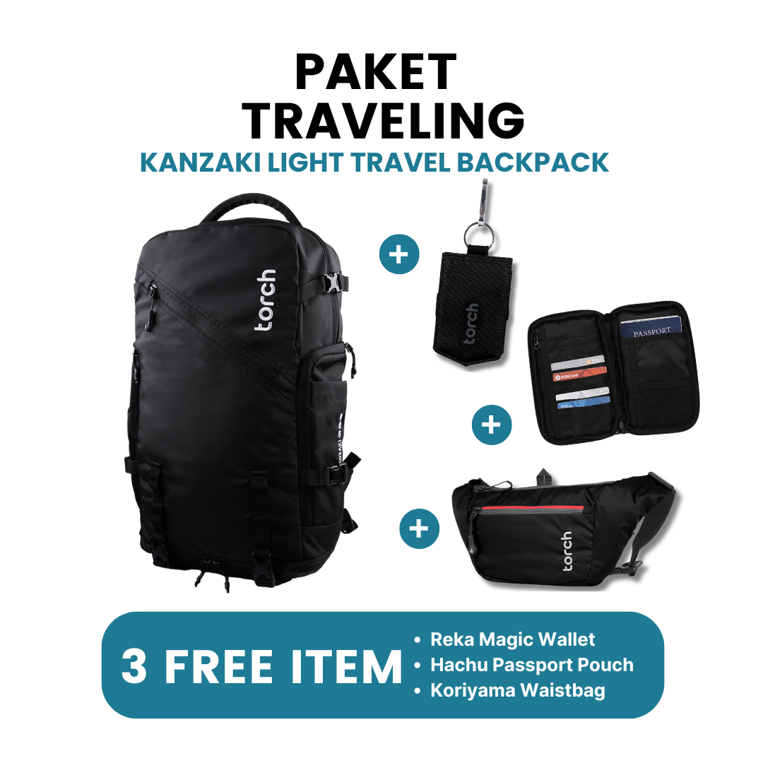 Paket Traveling - Kanzaki Travel Backpack Gratis Koriyama Waistbag + Reka Magic Wallet Black + Hachu Passport Pouch