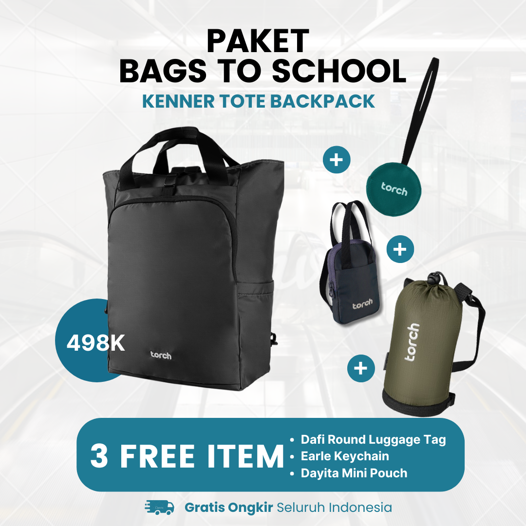 Paket Paket Bags To School - Kenner Tote Backpack Gratis Dayita Mini Pouch + Earle Keychain + Dafi Round Luggage Tag Tosca