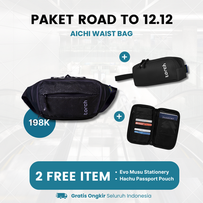 Paket Road To 12.12 - Aichi Waistbag Gratis Evo Musu Stationery + Hachu Passport Pouch Black