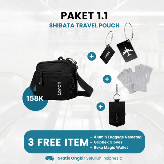 ⁠Paket 1.1 - Shibata Travel Pouch Gratis Reka Magic Wallet +  Gripflex Gloves + Alumin Luggage Nametag