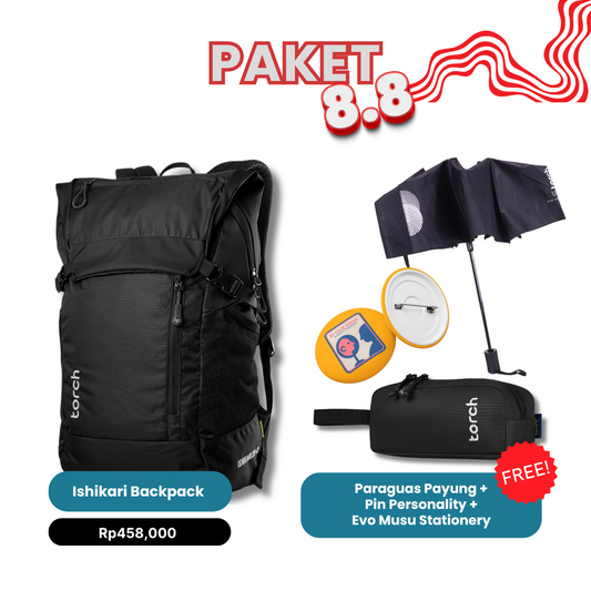 Paket 8.8. - Ishikari Backpack Gratis Paraguas Payung + Evo Musu Stationery + Pin Personality